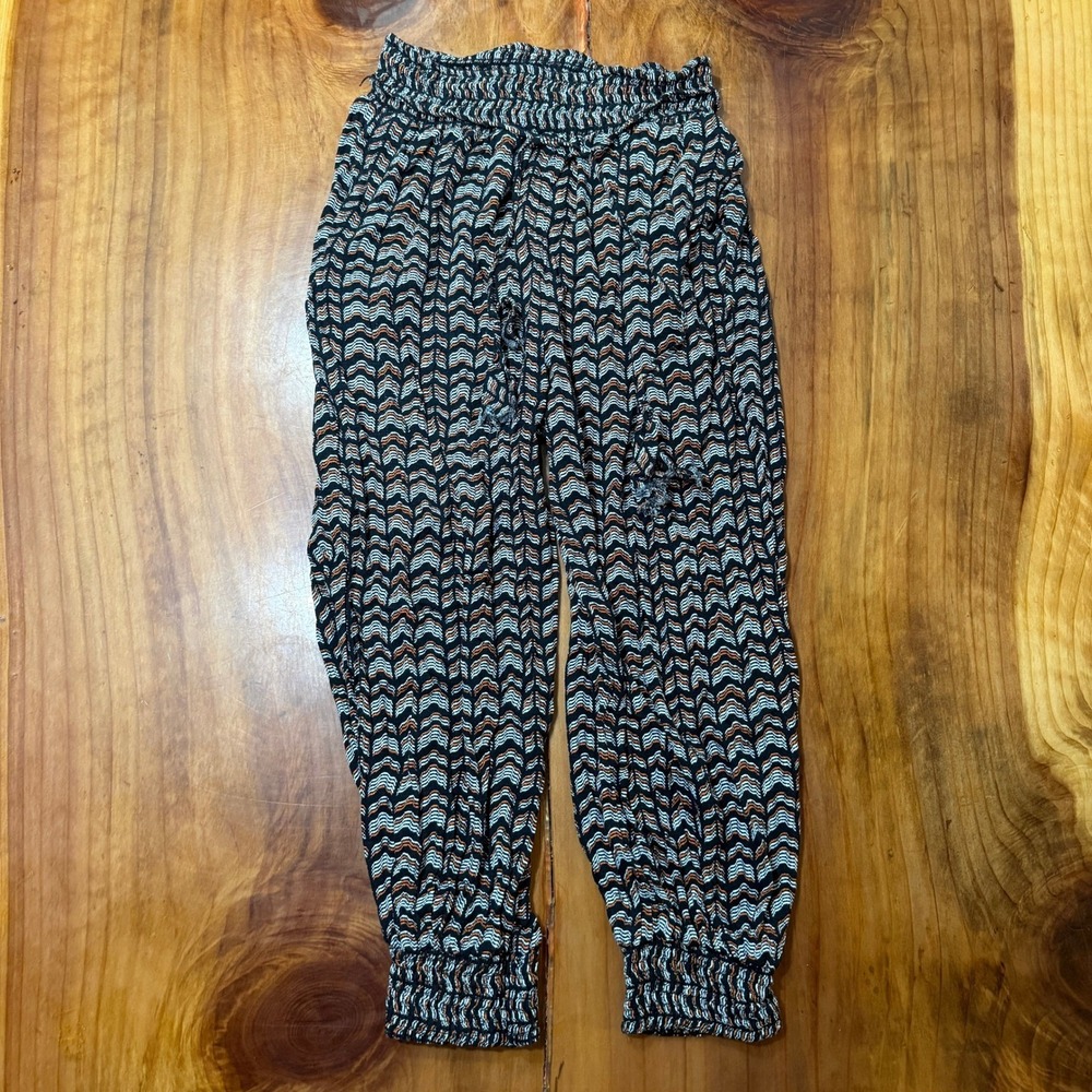 By Anthropologie Women's Pants Medium Jogger Tassle Boho Viscose Geometric A3-2